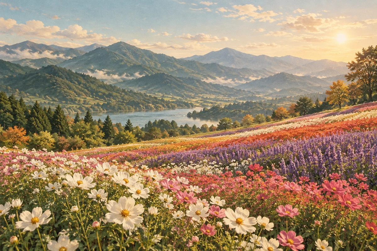 AI 情境示意：虛構的山城花展場景，非實際場域或新聞現場
