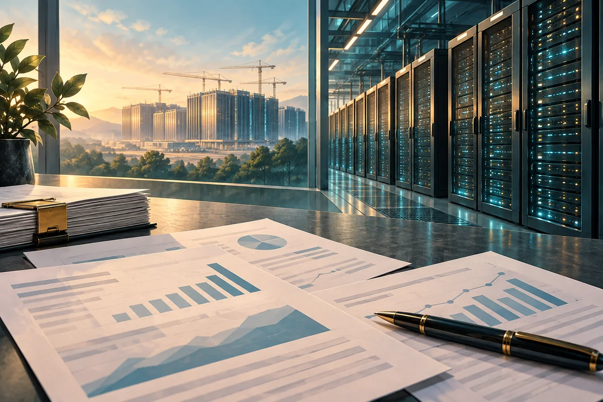 AI情境示意：虛構科技企業融資圖表與資料中心，非微軟辦公室或實際債券交易現場。