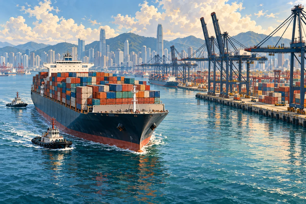 AI情境示意：虛構貨櫃船航行於亞洲港口外海，非實際人物、產品或新聞現場