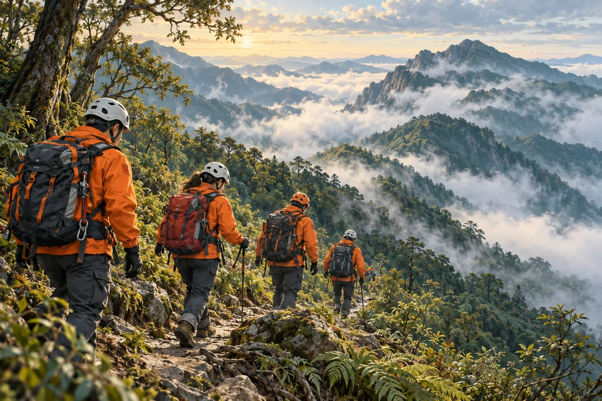 AI情境示意：虛構山林搜救隊員背負裝備沿山徑前進，非實際人物、產品或新聞現場